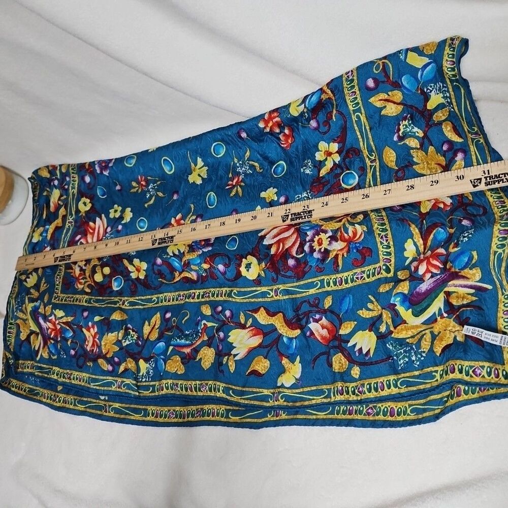 Sophistcated Teal Blue, Gold, Red Square Floral‎ Bordered Silk Scarf 31" x 31" - Picture 5 of 6